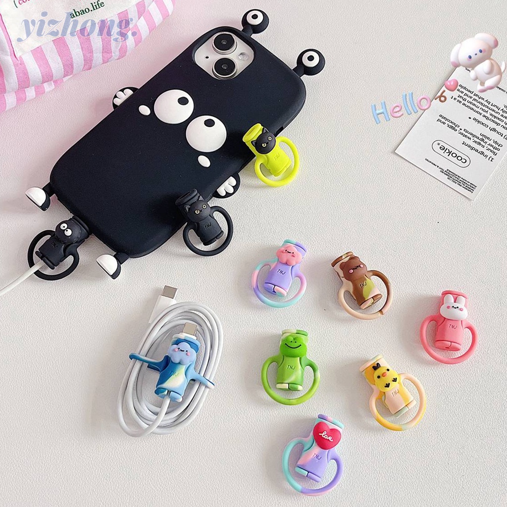 เคสป้องกันสายชาร์จ อเนกประสงค์ ลายก้อนเมฆ กระต่าย แมว 3D พร้อมสายคล้องซิลิโคน แบบนิ่ม สําหรับ iPhone Android Micro-USB Type-C
