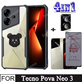 4 in 1 Tecno Pova Neo 3 เคสโทรศัพท์ กันกระแทก สําหรับ Tecno Pova 5 4 Pro 3 Neo 2 Spark Go 2023 10 7 Pro 10C 8C ป้องกันสอดแนม เซรามิค เนื้อด้าน กระจกนิรภัย และตัวยึดหัวหมี