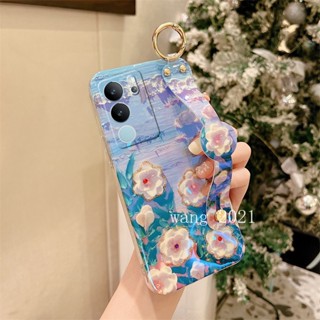 เคสโทรศัพท์มือถือแบบนิ่ม ลายดอกไม้ ประดับพลอยเทียม พร้อมสายคล้องข้อมือ หรูหรา แฟชั่น สําหรับ VIVO V29 5G VIVO V29e V29 Pro 5G 2023 VIVOV29 5G