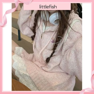 [littlefish] เสื้อแจ็กเก็ตกันหนาวลําลอง ผ้าถัก ทรงหลวม ขนาดใหญ่ สีชมพู แฟชั่นฤดูใบไม้ร่วง และฤดูหนาว สําหรับเด็กผู้หญิง