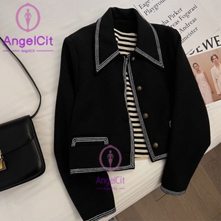 Angelcity※เสื้อแจ็กเก็ตสูท ตัวสั้น แนวมินิมอล แฟชั่นเรโทร สไตล์เกาหลี สําหรับผู้หญิง