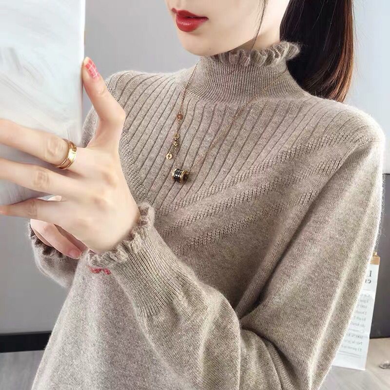 เสื้อกันหนาว คอเต่า แต่งลูกไม้ เข้ากับทุกการแต่งกาย แฟชั่นฤดูใบไม้ร่วง สําหรับผู้หญิง
