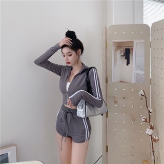 Liasynn เสื้อแจ็กเก็ตกีฬา ผู้หญิง + กางเกงขาสั้น เอวสูง + เสื้อสายเดี่ยวด้านใน