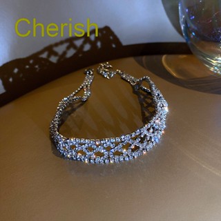 Cherish สร้อยคอโชคเกอร์ โซ่สั้น ประดับคริสตัล พลอยเทียม ตาข่ายกลวง ทรงเรขาคณิต เครื่องประดับ สําหรับผู้หญิง