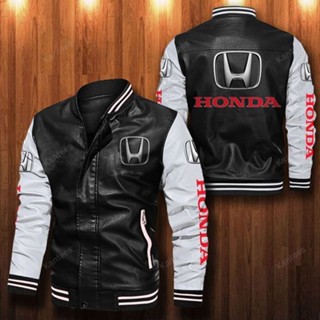 HONDA LOGO jacket N-WGN SHUTTLE N-BOX BRIO AMAZE Fit City Civic type-r cr-v br-v ODYSSEY freed pilot n7x Accord car driving long sleeve plus fleece warm stitching color PU leather baseball uniform windproof jacket