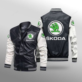 SKODA LOGO Jacket Racing Long Sleeve Plus Velvet Warm Stitching Color PU Leather Baseball Uniform Windproof Jacket