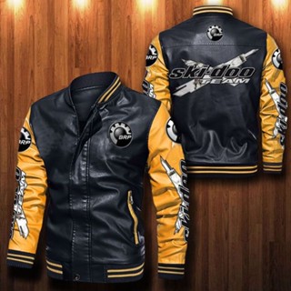 SKI-DOO LOGO Jacket Racing Long Sleeve Plus Velvet Warm Stitching Color PU Leather Baseball Uniform Windproof Jacket