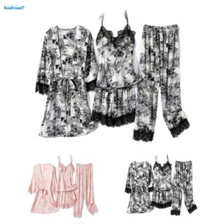 【HODRD】Sophisticated Satin Silk Pajama Set with Elegant Lace Detailing Pink/Black【Fashion】