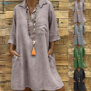 【HODRD】Plus Size Womens Plain Swing Dress in Cotton Linen Loose Fit 3/4 Sleeve【Fashion】