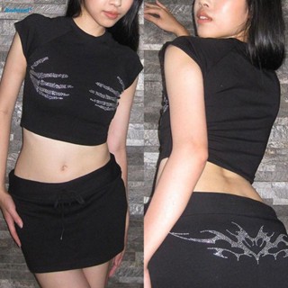 【HODRD】Women Rhinestone Y2K Crop Top Short Sleeve Goth Punk Tees Black Street Wear【Fashion】