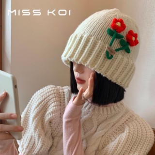 Misskoi [พร้อมส่ง] หมวกถัก ผ้าขนสัตว์ ลายดอกไม้น่ารัก สไตล์เกาหลี ญี่ปุ่น ให้ความอบอุ่น สําหรับผู้หญิง @-