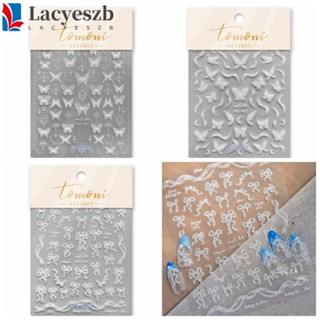 Lacyeszb สติกเกอร์ตกแต่งเล็บ รูปผีเสื้อ สีขาว ประดับโบว์ DIY