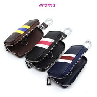 Aroma กระเป๋าใส่กุญแจรถแฟชั่น สากล ลายทาง สีสันสดใส กระเป๋าสตางค์ซิป ผู้ชาย ผู้หญิง ที่ใส่กุญแจหนัง