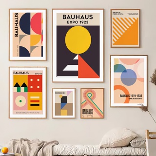 Bauhaus Expo โปสเตอร์ผ้าใบ พิมพ์ลายเรขาคณิต สําหรับตกแต่งผนังบ้าน ห้องนั่งเล่น