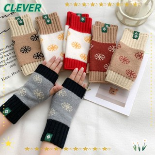 Clever ถุงมือถัก แบบครึ่งนิ้ว ลายเกล็ดหิมะ ให้ความอบอุ่น แฟชั่นคริสต์มาส