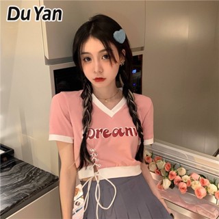 Du Yan เสื้อยืดแขนสั้น คอวี สีชมพู แฟชั่นฤดูร้อน สําหรับผู้หญิง