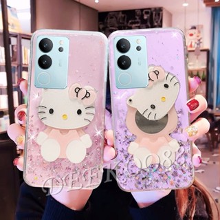 ใหม่ เคสโทรศัพท์มือถือนิ่ม แบบใส ลายการ์ตูนแมวน่ารัก พร้อมขาตั้งกระจก สีชมพู สําหรับ VIVOV29 VIVO V29 5G 2023