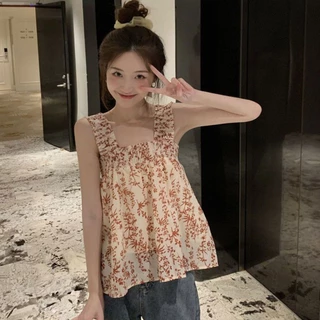 เสื้อครอปสั้นคอเหลี่ยมลายดอกไม้เเฟชั่นวินเทจของผู้หญิงสวมใส่สบาย