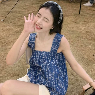 เสื้อครอปสั้นคอเหลี่ยมลายดอกไม้เเฟชั่นวินเทจของผู้หญิงสวมใส่สบาย