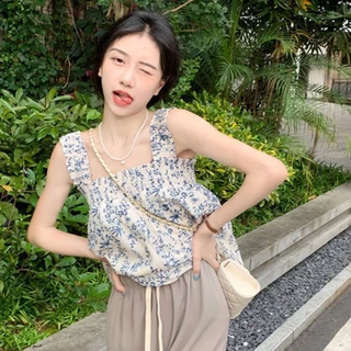 เสื้อครอปสั้นคอเหลี่ยมลายดอกไม้เเฟชั่นวินเทจของผู้หญิงสวมใส่สบาย