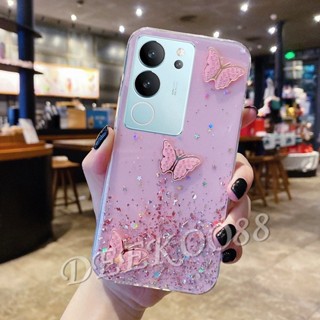 พร้อมส่ง เคสโทรศัพท์มือถือแบบใส ลายผีเสื้อ 3D กลิตเตอร์ สีดํา สีชมพู สําหรับ VIVO V29 VIVO V29 5G