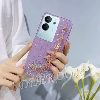 เคสโทรศัพท์มือถือ TPU นิ่ม ปิดด้านหลัง ลายดอกไม้ ดอกพลัมน่ารัก สีชมพู พร้อมสายโซ่คล้อง สําหรับ VIVO V29 VIVO V29 5G