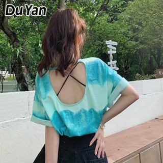 Du Yan เสื้อยืดแขนสั้นลําลอง เปิดหลัง เอวสูง ทรงหลวม โชว์หลัง สีมัดย้อม สําหรับผู้หญิง