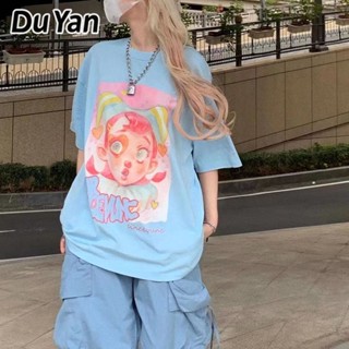 Du Yan เสื้อยืดลําลอง แขนสั้น ทรงหลวม สีฟ้า สไตล์ฮิปฮอป สําหรับสตรี