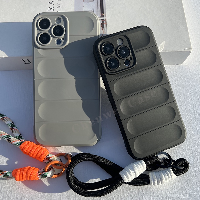 สีดําสีเทาซิลิโคนนุ่มTPU Matteทนทาน 3Dลาย + สายรัดสําหรับiPhone 16 16Promax 15 13Promax 14Promax 11 11Promax 17 12Pro 12Promax 13Pro 14Pro X Xsmax 8P 7Plus 7 8