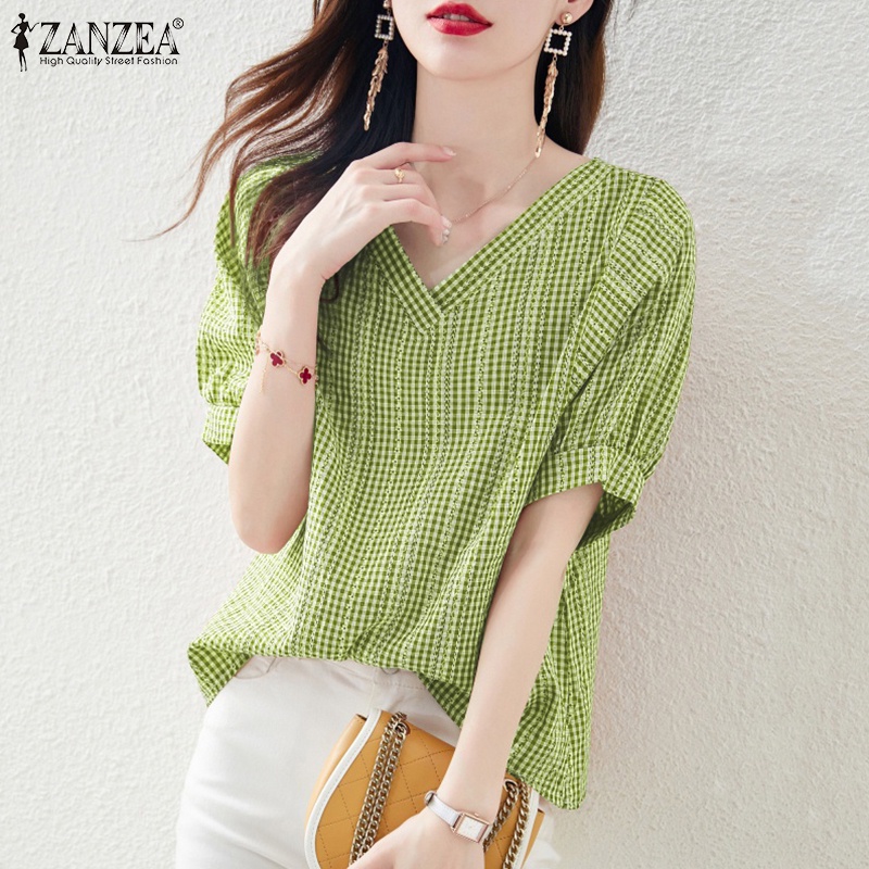 Zanzea เสื้อเบลาส์ คอวี แขนสั้น พิมพ์ลายดอกไม้ สไตล์เกาหลี สําหรับผู้หญิง — صورة 5