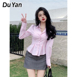 Du Yan เสื้อเชิ้ตแขนยาว คอปกโปโล ลายทาง สีชมพู สําหรับผู้หญิง