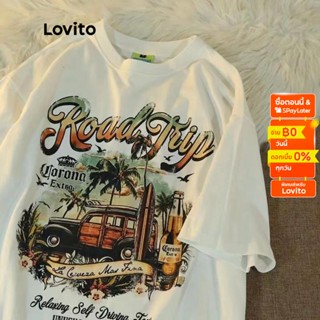 Lovito เสื้อยืด สไตล์วินเทจ โอเวอร์ไซซ์ สำหรับผู้หญิง LNA14190 (สีขาว/ดำ)