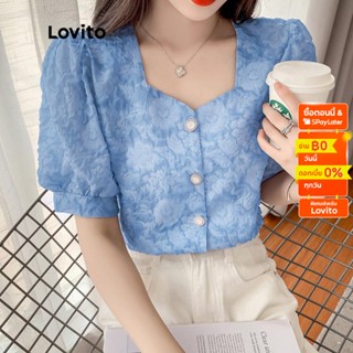 Lovito เสื้อเบลาส์ กระดุมหน้า ลายดอกไม้ สไตล์ลำลอง สำหรับผู้หญิง LNE11090 (สีน้ำเงิน)