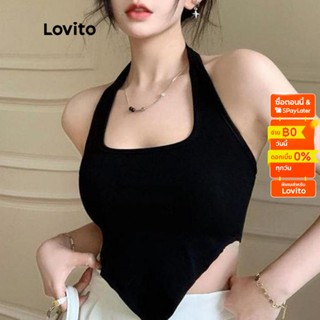 Lovito เสื้อแขนกุด สายคล้องคอ คอเสื้อกล้าม สีพื้น สไตล์ลำลอง สำหรับผู้หญิง LNA04102 (สีขาว/สีดำ)