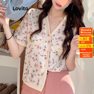 Lovito เสื้อเบลาส์ลำลอง ลายดอกไม้ คอนทราส สำหรับสตรี LNA04046 (สีชมพู)