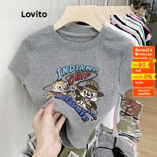 Lovito เสื้อยืดลายการ์ตูน เสื้อคร็อป คอกลม สำหรับสตรี LNE07156 (สีเทา)