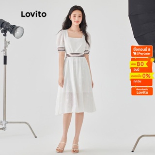 Lovito เดรสทรงเอ แบบลายฉลุ ซับในผ้าตาข่าย สีพื้น หรูหรา สำหรับผู้หญิง LNE04047 (สีขาว)