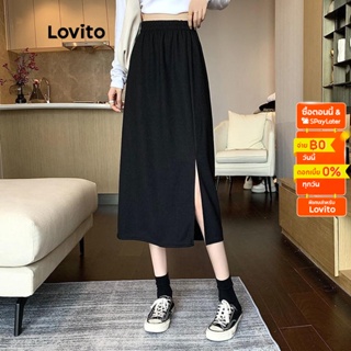 Lovito กระโปรงผ่าชาย สีพื้น สไตล์ลำลอง สำหรับผู้หญิง LNE13148 (สีดำ)