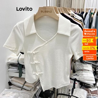 Lovito เสื้อยืดลําลอง ติดกระดุมด้านหน้า ทรงไม่สมมาตร สําหรับผู้หญิง LNE17085 (สีขาว)