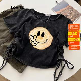 Lovito เสื้อยืด แต่งผ่า เชือกผูก ลายการ์ตูน สไตล์ลำลอง สำหรับผู้หญิง LNE11123 (สีดำ)