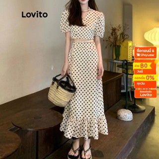 Lovito ชุดเดรสระบาย ลูกไม้ ลายจุด สำหรับผู้หญิง LNA14176 (สีแอปริคอท)