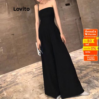 Lovito จั๊มสูทแขนกุด มีกระเป๋า สีพื้น สไตล์ลำลอง สำหรับผู้หญิง LNA11106 (ศีดำ)