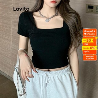 Lovito เสื้อยืด คอเหลี่ยม เบสิก สีพื้น สไตล์ลำลอง สำหรับผู้หญิง LNE11006 (สีดำ)