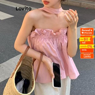 Lovito เสื้อกล้ามลําลอง แต่งขอบไม้กางเขน แบบเรียบ สําหรับผู้หญิง LNA16216 (สีชมพู)