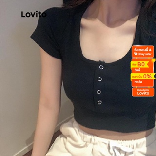 Lovito เสื้อยืดลำลองสีพื้น สีพื้น กระดุมหน้า สำหรับสตรี LNA02113 (สีดำ)