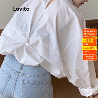 Lovito เสื้อเบลาส์ กระดุมหน้า แต่งปม สีพื้น สไตล์สง่า สำหรับผู้หญิง LNE11063 (สีขาว)