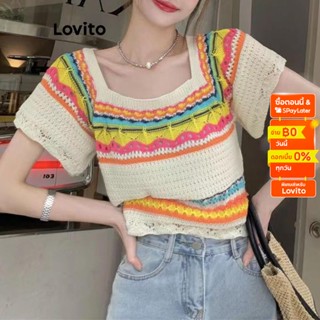 Lovito เสื้อถักลําลอง แขนสั้น ลายทาง สีรุ้ง สําหรับผู้หญิง LNA16146 (สีขาวออฟไวท์)