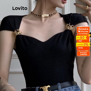 Lovito เสื้อยืด แต่งโลหะ สีพื้น สไตล์ลำลอง สำหรับผู้หญิง LNE11084 (สีดำ)