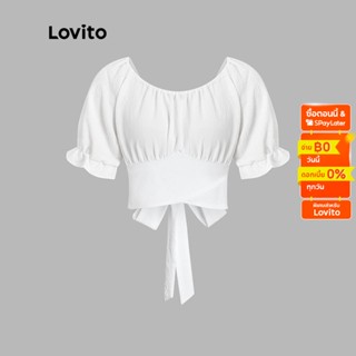 Lovito เสื้อเบลาส์จับจีบ ผูกโบหลัง แต่งเข็มขัด สีพื้น สไตล์ลำลอง สำหรับผู้หญิง LNA04066 (สีขาว)