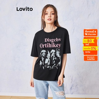 Lovito เสื้อยืดลำลอง โอเวอร์ไซซ์ พิมพ์ลายวินเทจ สำหรับสตรี LNE10037 (สีดำ)